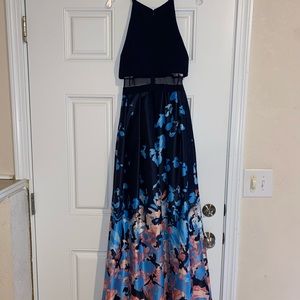Betsy Adam prom dress, size 2, Navy blue, light blue and pink at the bottom.